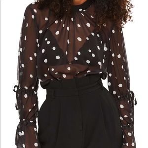 Topshop Drawstring Sleeve Sheer Dot Blouse